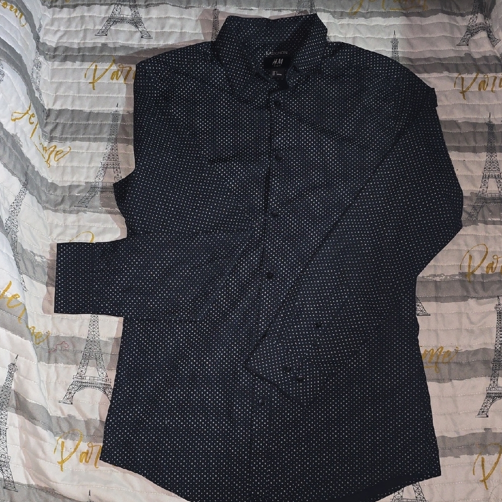 H&M Men's Dark Blue Dotted Shirt